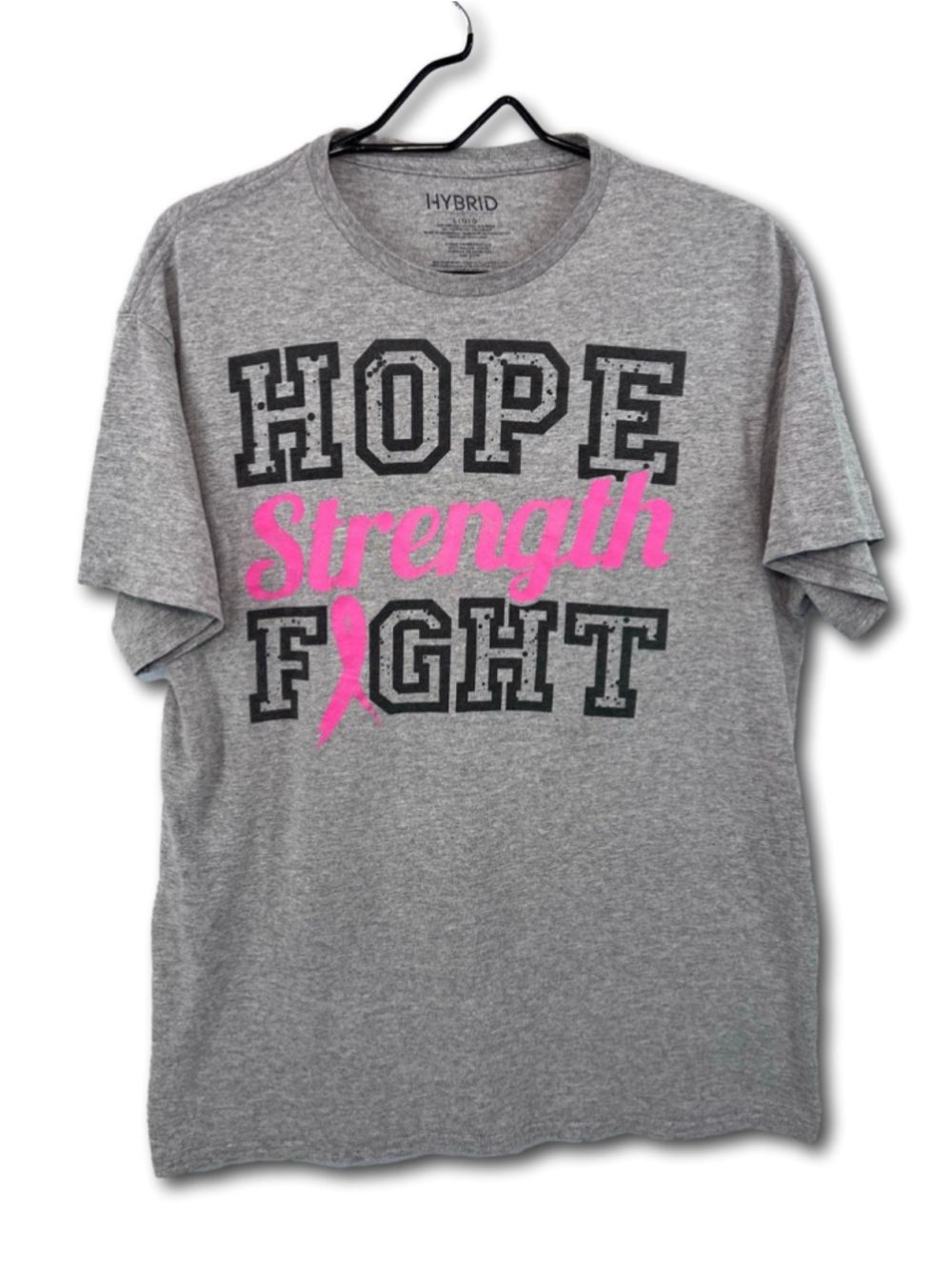 Breast Cancer Awareness T-Shirt Hope Strength Fight Short Sleeve Top Gray Size L